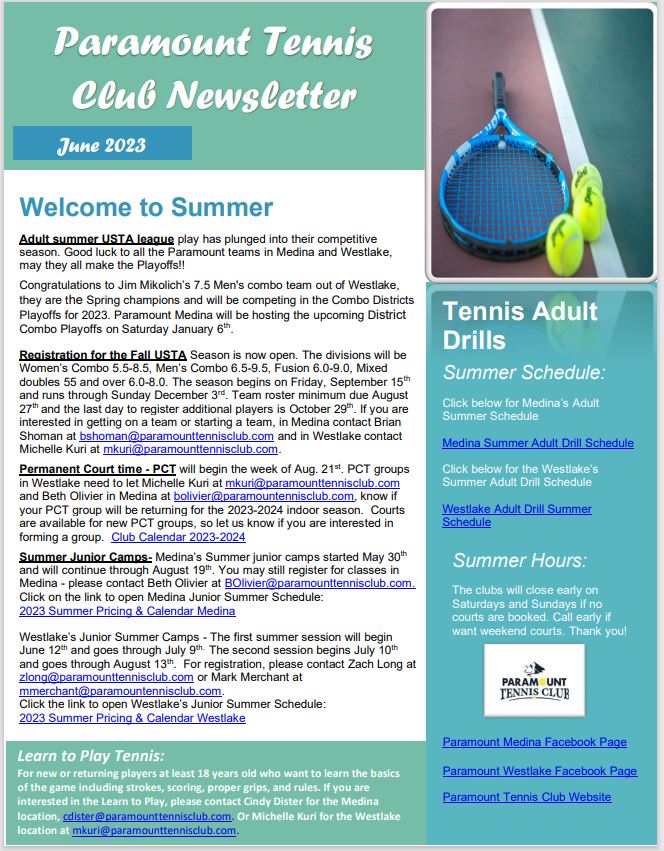 Medina - Club Newsletter | Paramount Tennis Club